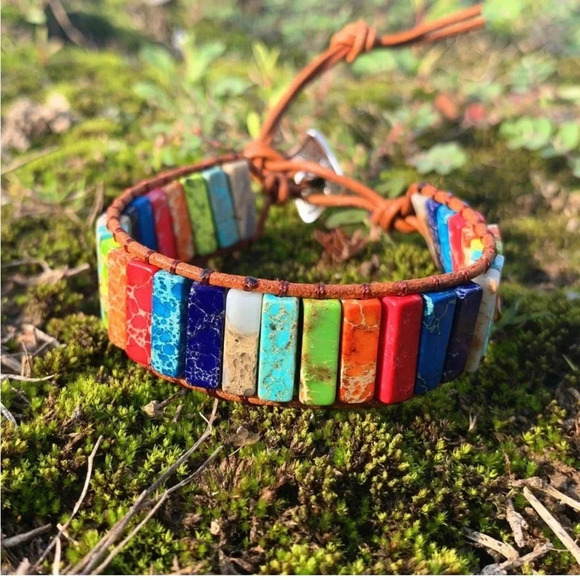 Burton Bushcraft Jewelry - Handmade Bohemian Multi Colored stone leather bracelet.